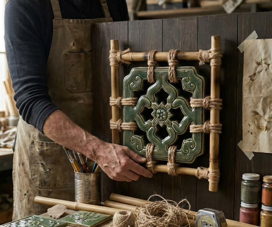 Artisan hand-glazing a ceramic tile in the studio