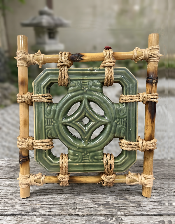 Tiki Jade Ceramic Breezeway Diamond Tile, Bamboo-Framed Wall Art