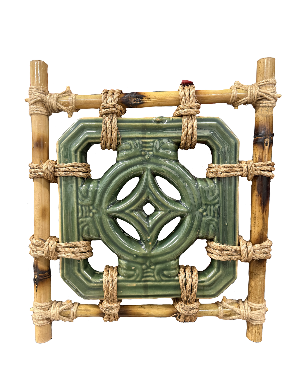 Tiki Jade Ceramic Breezeway Diamond Tile, Bamboo-Framed Wall Art