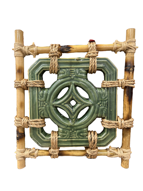 Tiki Jade Ceramic Breezeway Diamond Tile, Bamboo-Framed Wall Art