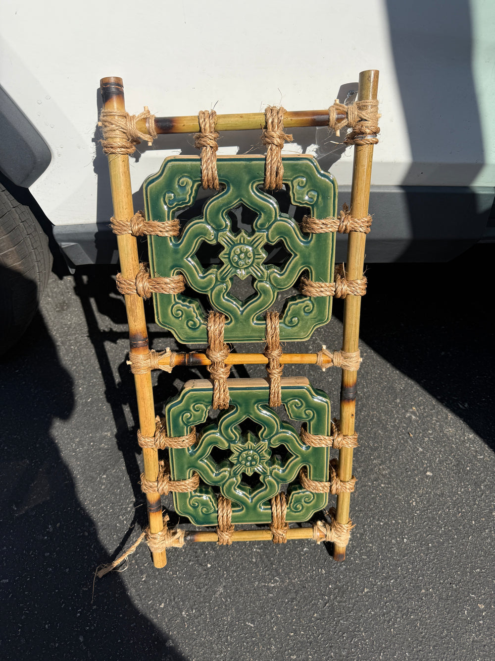 2 piece jade tiki tile- bamboo framed
